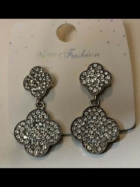 Silver Pave Clover Drop Earrings